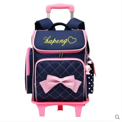 

Wholesale Stock Pink BookBag Luxury PU Kids Student Bagpack Trolley Wheeled School Backpack For Girls With bowknot, Pink/rosered/purple/blue