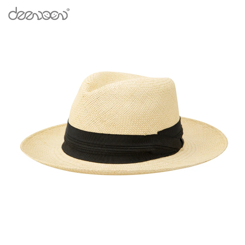 

Linglong Custom Logo Wholesale Luxury Brown Sun Men Unisex Wide Brim Panama Hat With Black Ribbon Fedora Toquilla Straw Hats