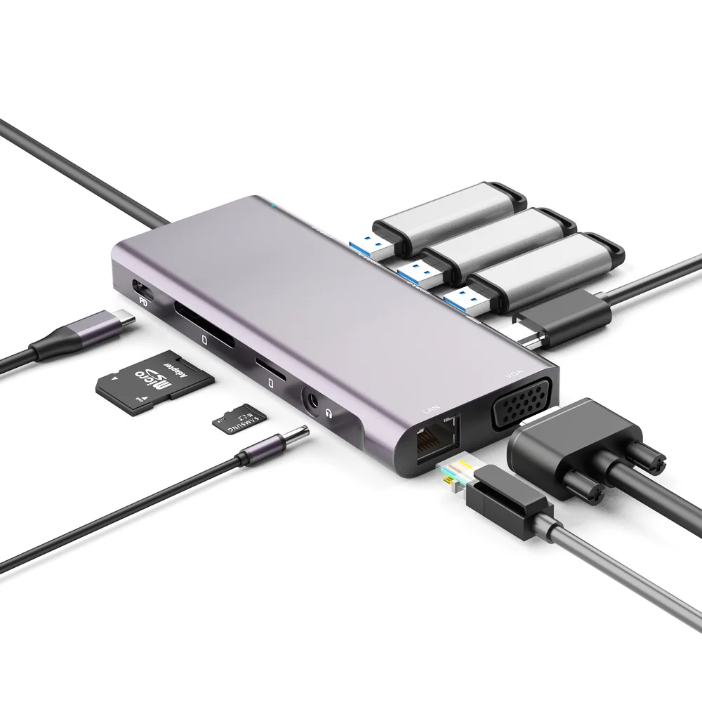 

USB C Hub 10 in 1 Adapter USB-C for laptop Type C Multiport RJ45 VGA 10 ports USB connector HUB, Silver, rose gold, gray
