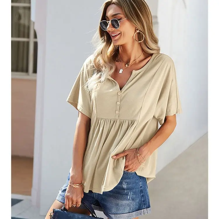 

PEARL Hot Sale 2021 Summer Short Sleeve Button Camisetas De Mujer Womens Shirt Ladies Tops Blouse