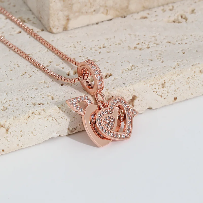 

Luxury Jewelry 925 Sterling Silver Heart Necklace Rose Gold Rhinestone Crystal Heart Wing Angel Pendant Necklace For Sweet Love