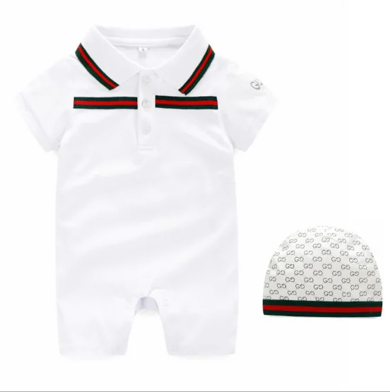 

Boy polo shirt 100% cotton jumpsuit with rib collar and bee embroidery 2 pcs baby romper set with hat, Picture