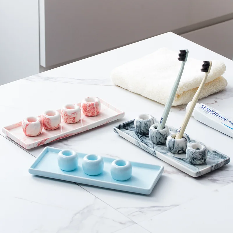 

Customized Creative fashion round vertical Marble ceramic toothbrush holder candy color toothbrush set bathroom kit, Marble black,blue,pink,white