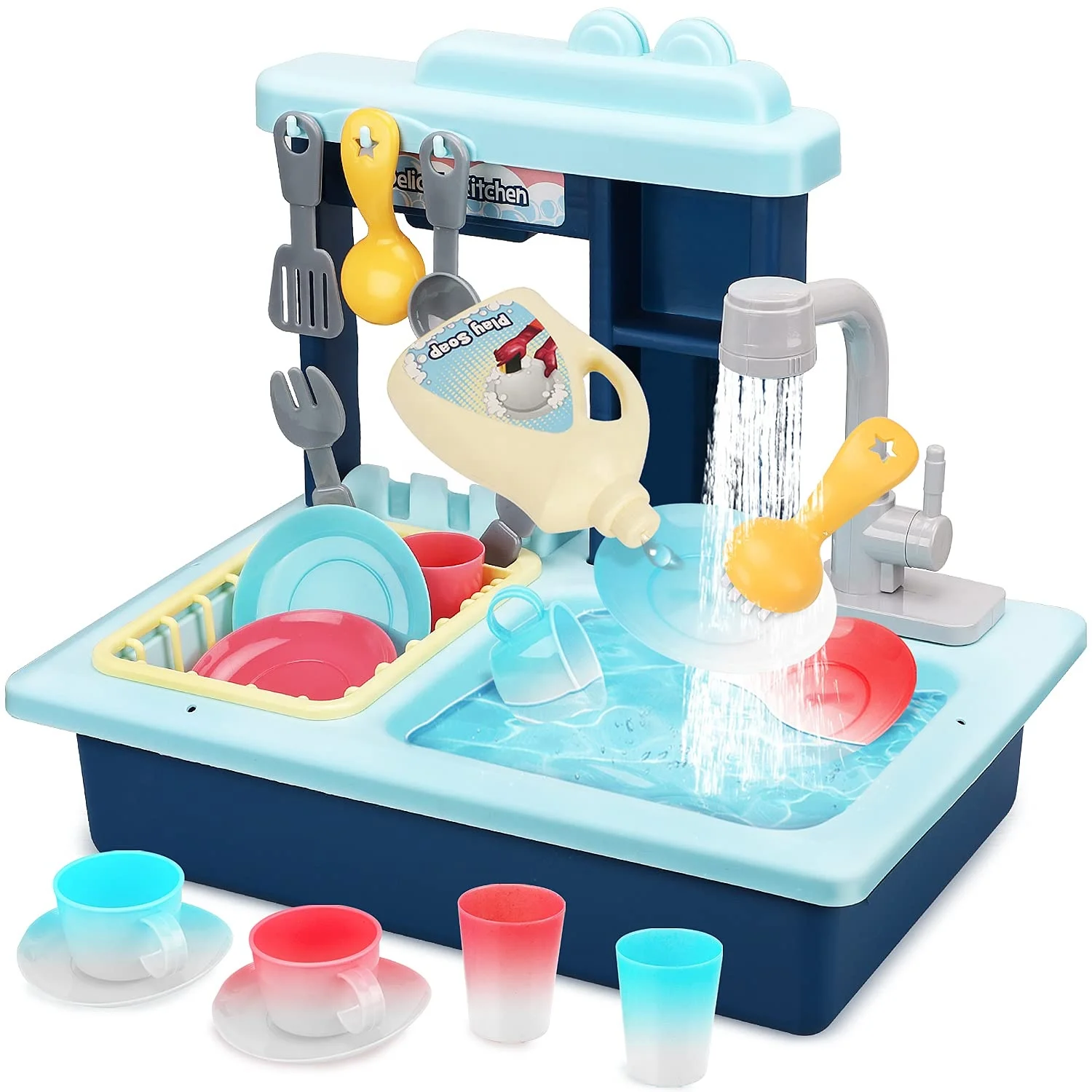 

(Only for US customers)TOY Life Toddlers Pretend Play Color Changing Cup Dishes Running Water Basin Blue Kitchen Sink Toys