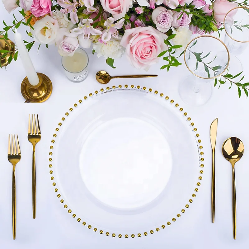 

wholesale designer round clear silver rose gold rimmed plastic glass charger plates wedding decoration dinner plate chargers, Gold/silver