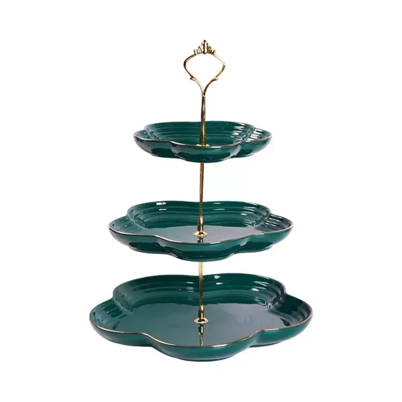 

Hot Selling Ceramic Dinner Plate 3 Tier Fruit Stand Cake Tray Wedding Hotel Ceramic Metal Dessert Stand