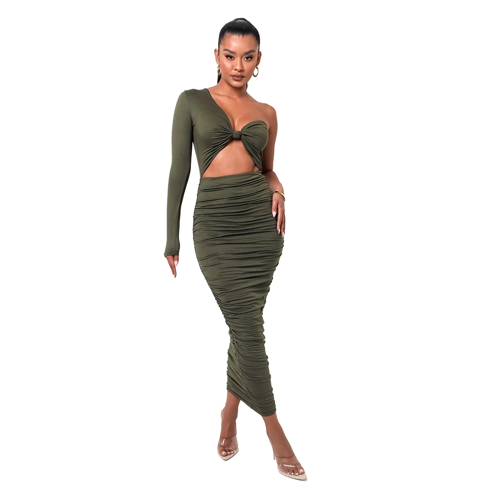 

6408 Long sleeve bodycon dress Solid color one-shoulder hollow out sexy club 2022 high qlulity women summer Clothes, Picture color