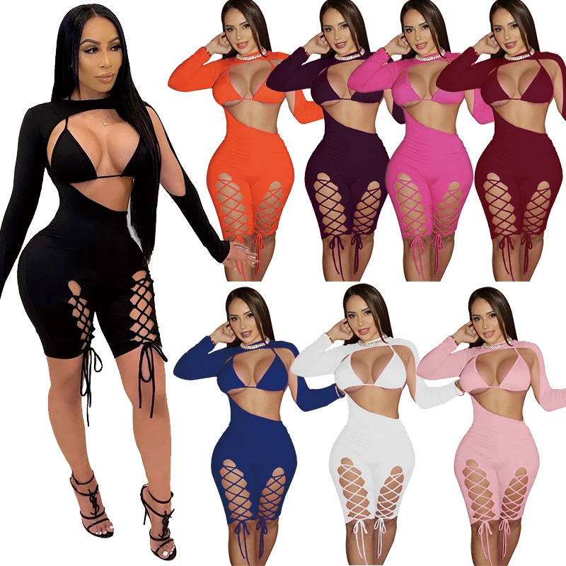 

2021 Hot Selling Women Sexy Solid Color Sling Casual Lace Shorts Bodysuit Jumpsuit