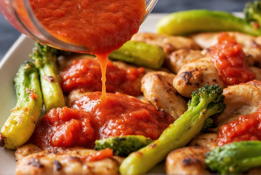 Close-up of vibrant red roasted red pepper sauce being drizzled over grilled chicken and vegetables