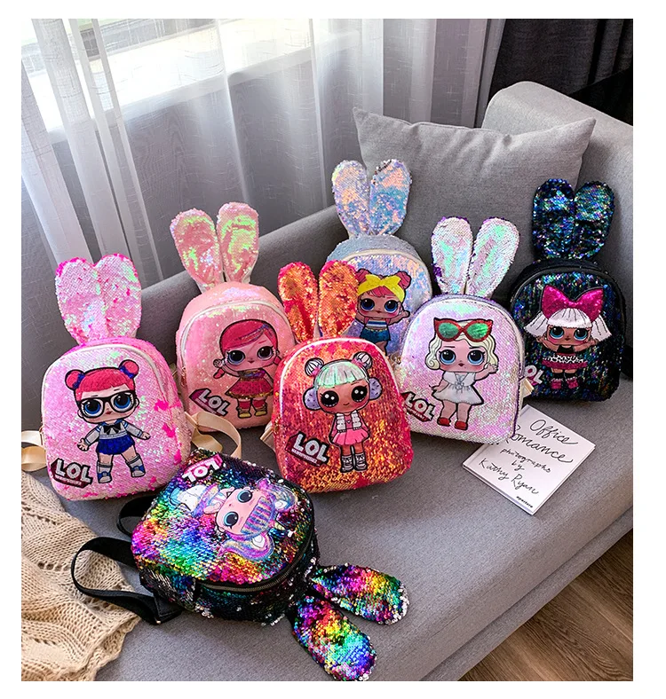 

New sequined children's backpack cute doll backpack with lamp Fashion personality trendy female bag little girl PU school bag, 7 colors