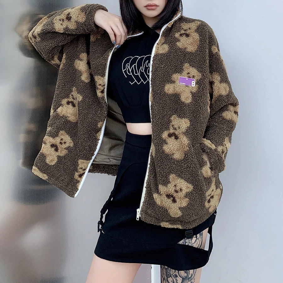 

Nibber K20C09204 Spring Winter Plush cotton clothing Women Fashion Print Bear Cartoons Long Coat Street Office Lady Loose Coat