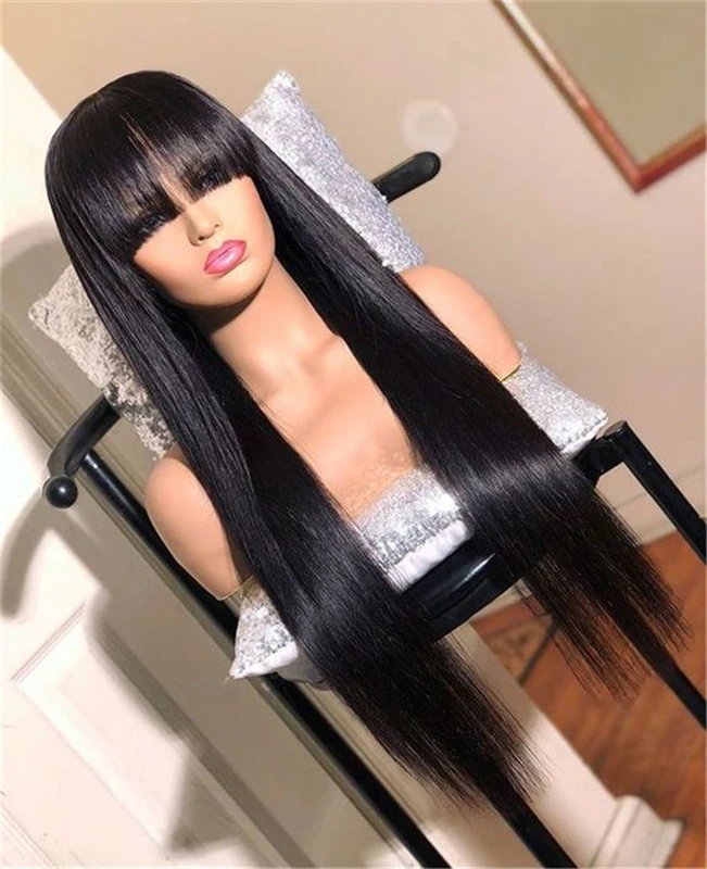 

2021 popular Bleached knots 100% peruvian virgin hair 360 lace frontal human straight hair wigs with bang