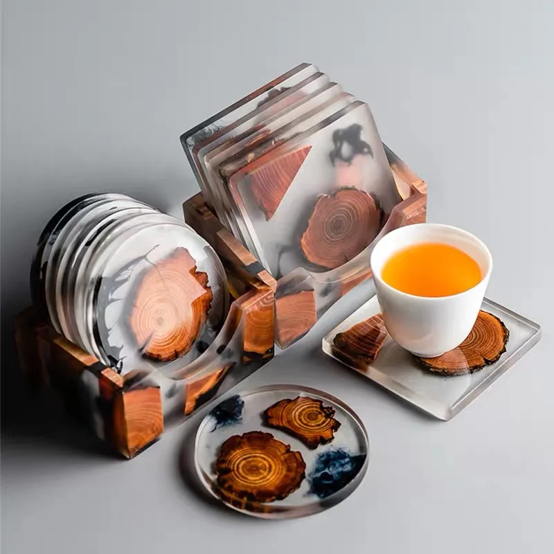 

XS ltd.Wholesale Square Round Design Drink Tea Cup coaster resin and wood With Holder Set