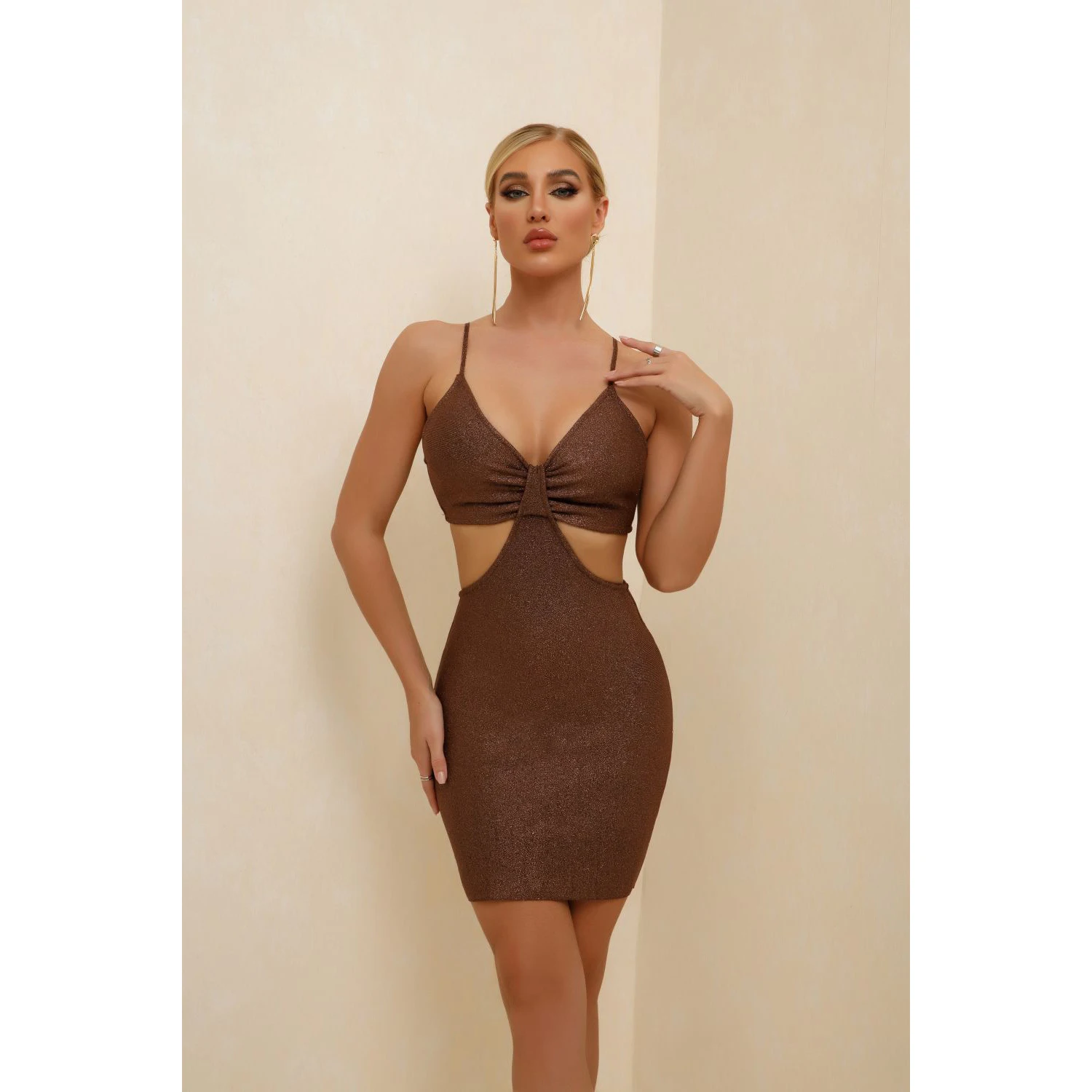 

OEM Brown Spaghetti Strap Sequin Cut Out Ropa Para Dama Vestidos Verano Cocktail Bandage Dress Tight Fitted Mini Dresses Women