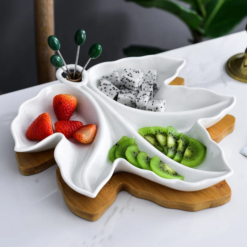 

Modern Big Divided Platter White Ceramic Serving Plate Porcelain Snack Dish Candy Dried Fruit Plate With Bamboo Tray Set, Customized color