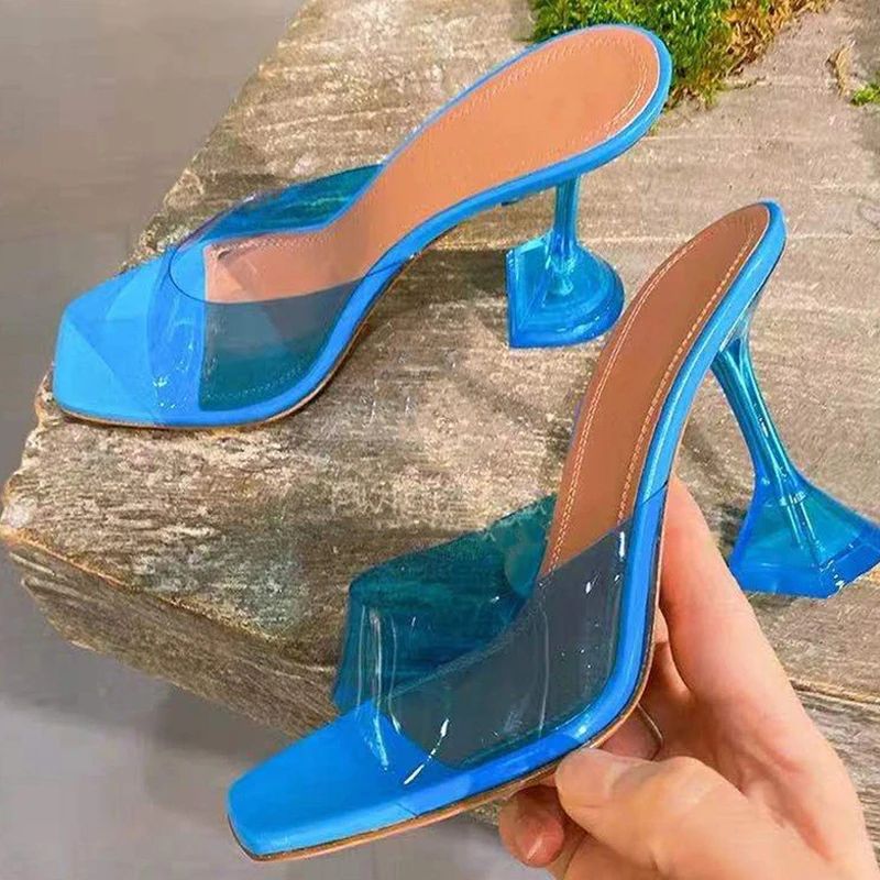 

women wholesale elegant square toe ladies slippers fashion PVC transparent jelly sandals pointed toe high heels shoes Green