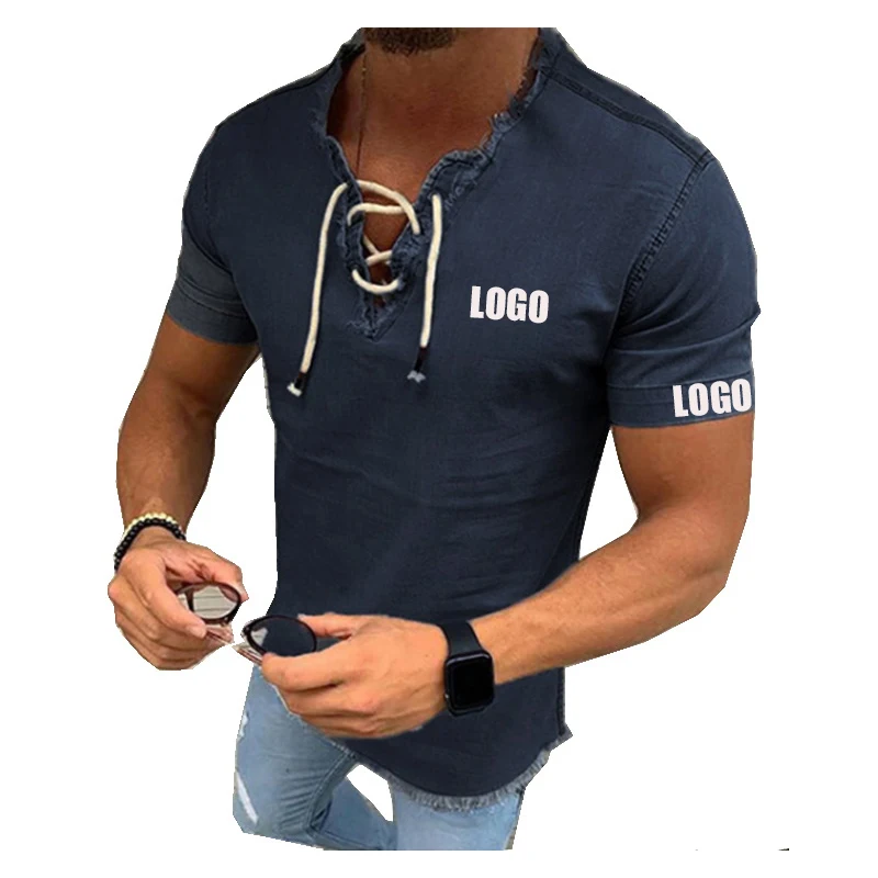 

Free Shipping Cheap short sleeve cotton latest washed denim With elastic tassels jean casual lace-up shirt designs for men, Customized color
