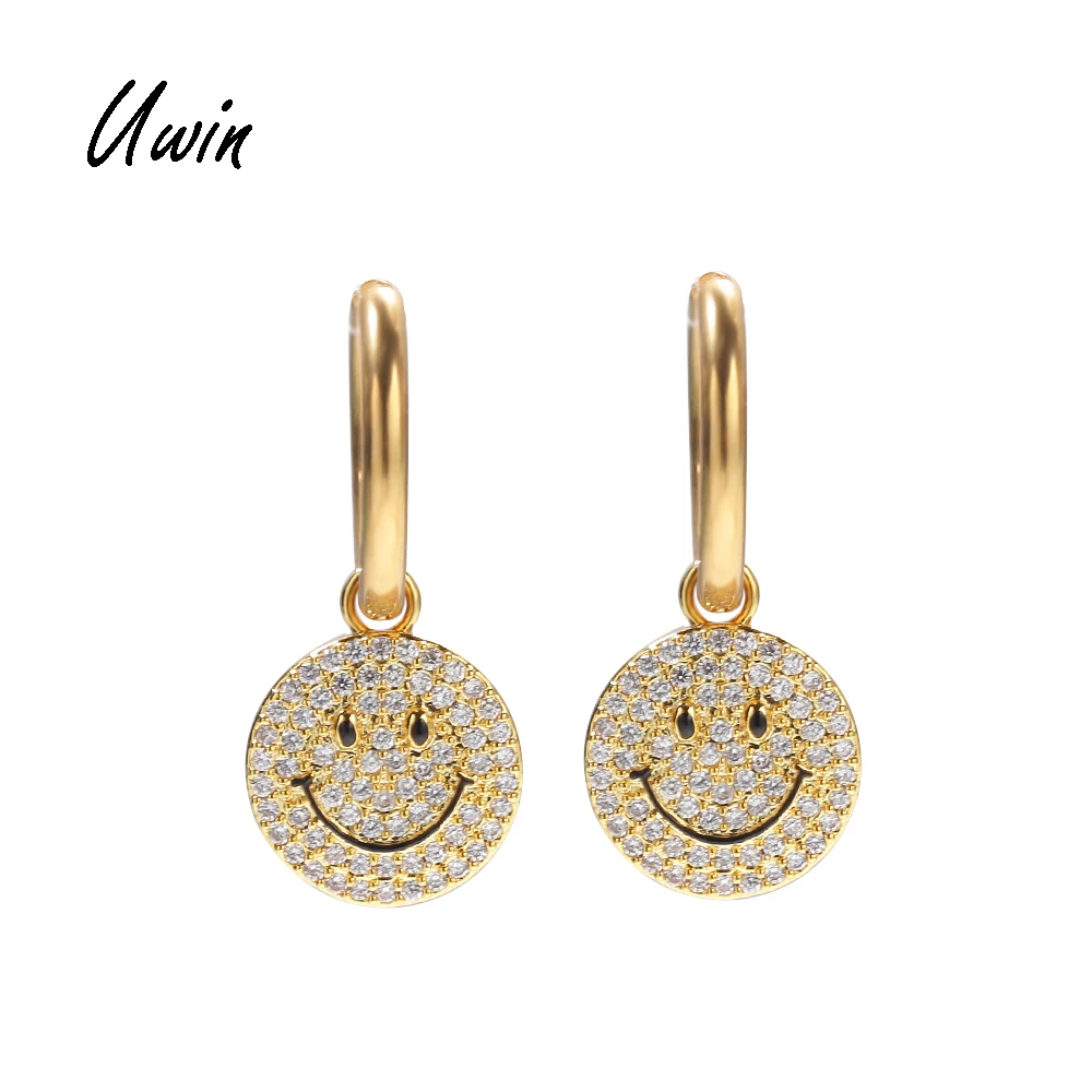 

2020 Iced Out CZ Smiley Face Charms Money Bag Charm Gold Plated Stainless Steel Hoop Earrings Jewelry for Women
