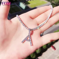 

Best selling custom iced out letter pendant silver choker tennis chain 3mm diamond initial necklace