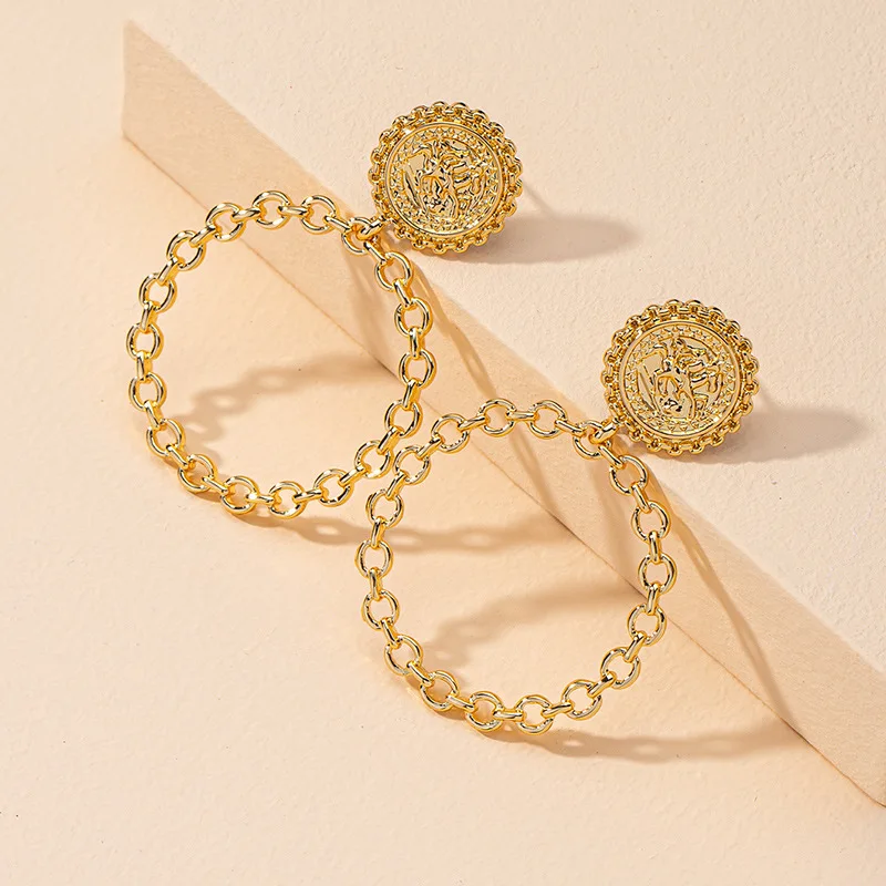 

New Design Retro 18k Gold Plated Thin Chain Big Circle Earrings Cool Brass Coin Link Large Hoop Drop Earrings For Women