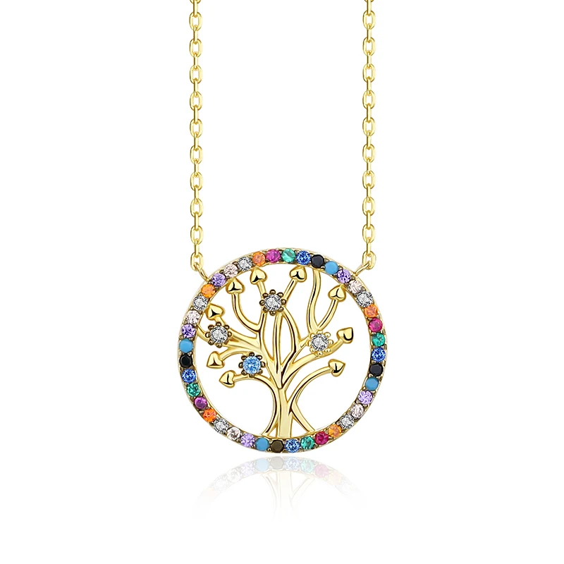 

Fashion 925 Sterling Silver Jewelry Dainty Colorful Zircon Crystal Gem Stone Charms 18K Gold Plated Chakra Tree of Life Necklace