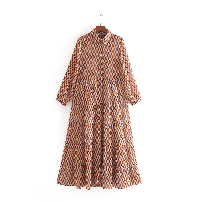 Basic design geometric pattern printed women autumn long sleeve chiffon maxi dress