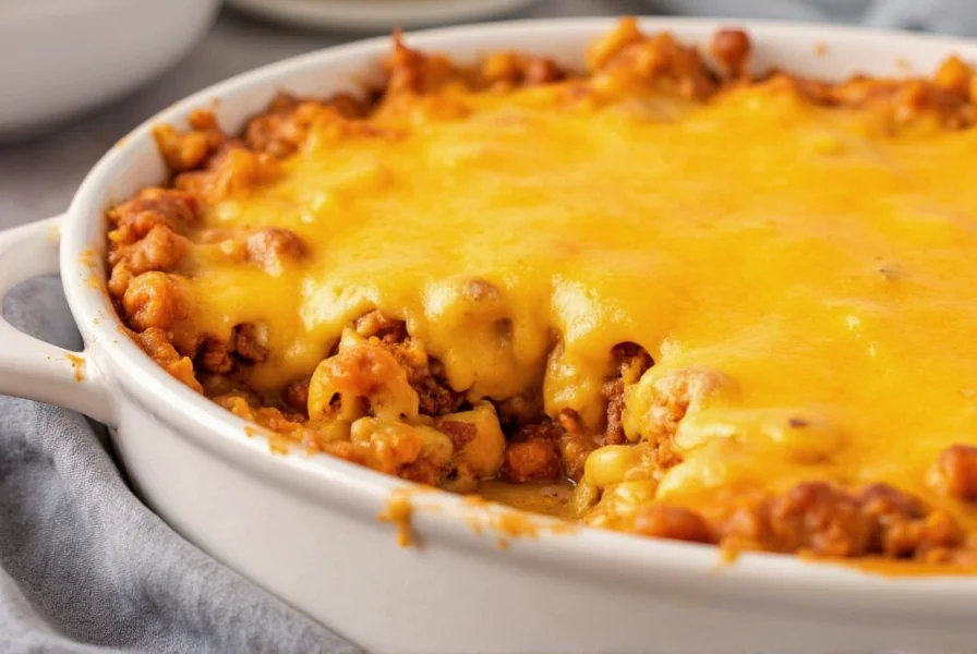 Golden baked chili mac n cheese casserole with melted cheese topping in ceramic dish