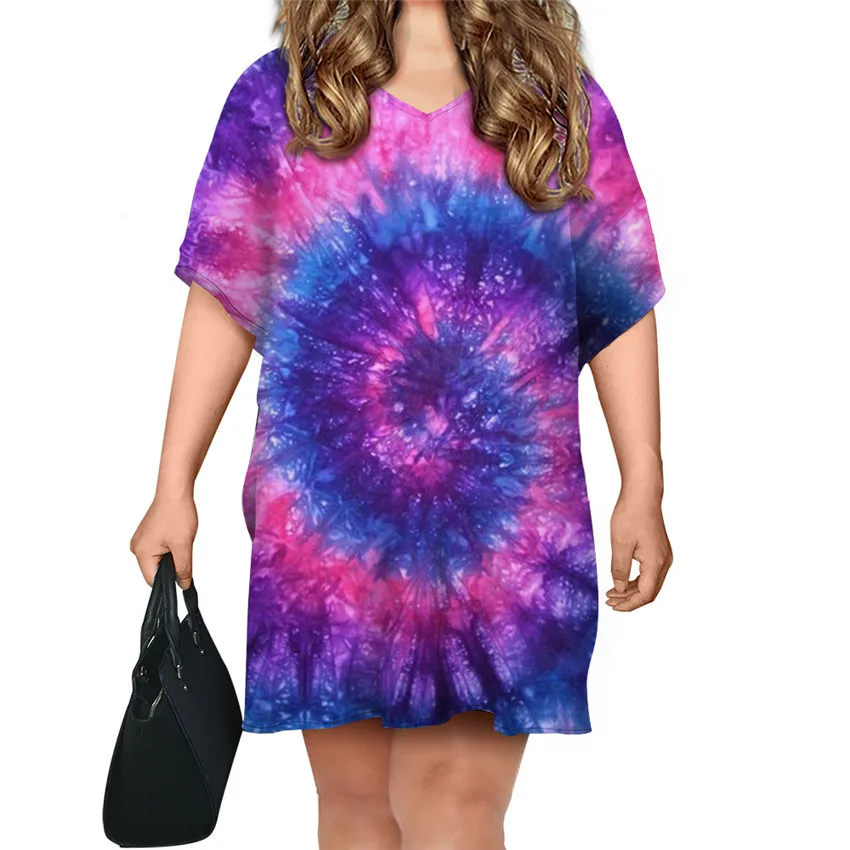 

Vintage Colorful Tie Dye Evening Dresses for Women Casual Short Sleeve Woman Ladies Short Mini Dress Summer Women's Wear Dress