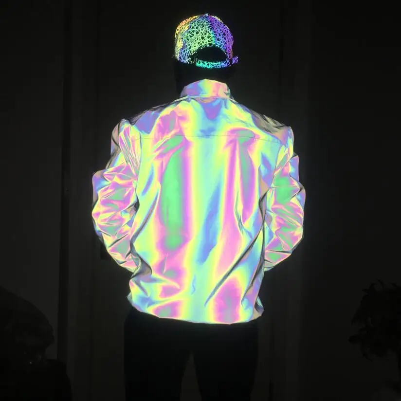 

factory customized fashionable zipper reflective rainbow color jacket men's hooded hook loop cuff iridescent reflect clothes