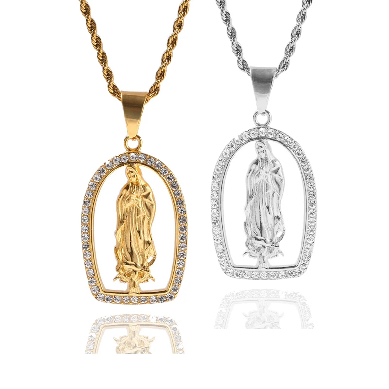 

Stainless Steel Gold Plated CZ Micro Pave Mother Virgin Mary Religious Chain Necklace Christian Jewelry Medal Pendant Necklace