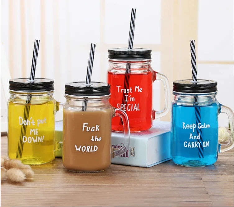 
16oz 20oz Glass Mason Drinking Jar with Tin Iron Lid and Straw and different decal printing on glass 