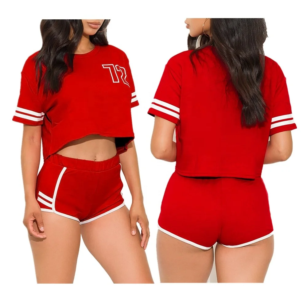 

Letter Embroidery Striped Women 2 piece Set Women Biker Shorts
