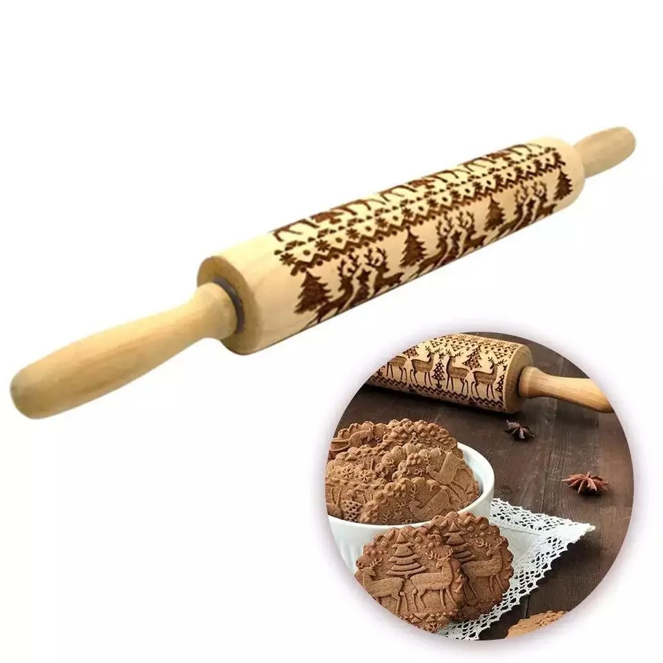 

Wood laser engraving christmas elk tree embossed printing rolling pin for cookies