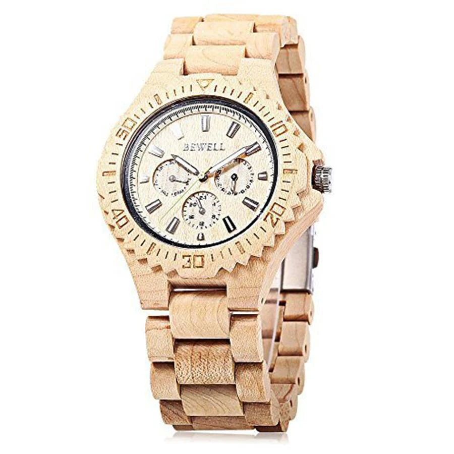 

Bewell Sharplace Mens Quartz Watch with Date Day Luminous Hands Lightweight Wooden Wristwatch