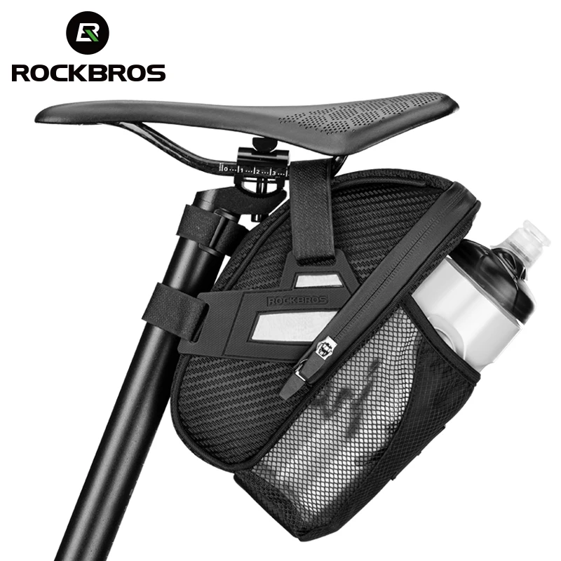 

ROCKBROS Double Zipper Reflective Large Capacity Water Tail Bag with Bottle Pocket Bicycle Saddle Bag Bike Accessories, Black