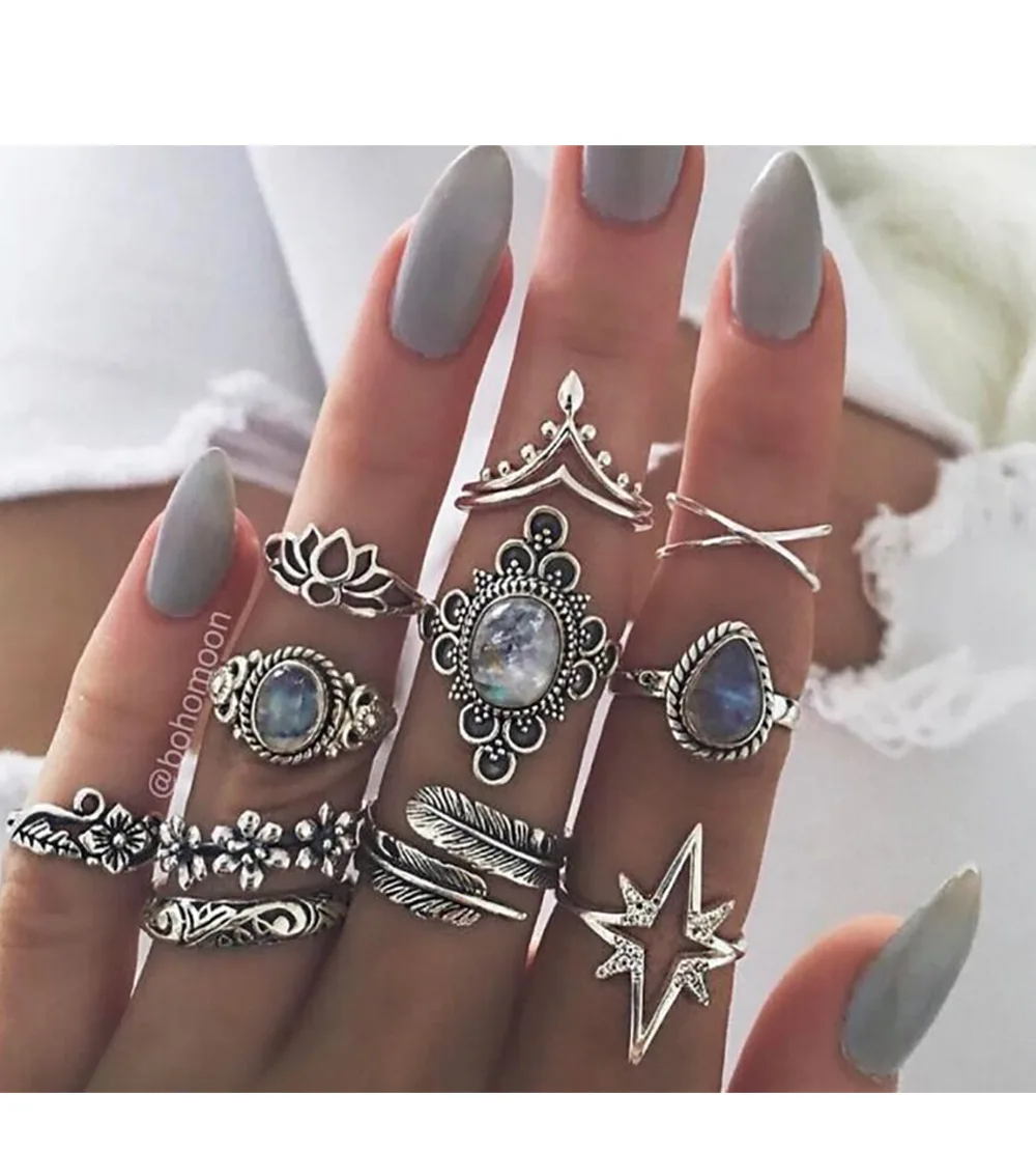 

11PCS/Set Fashion Charming Bohemian Blue Rhinestone Flower Rings Sets For Girls, Picture