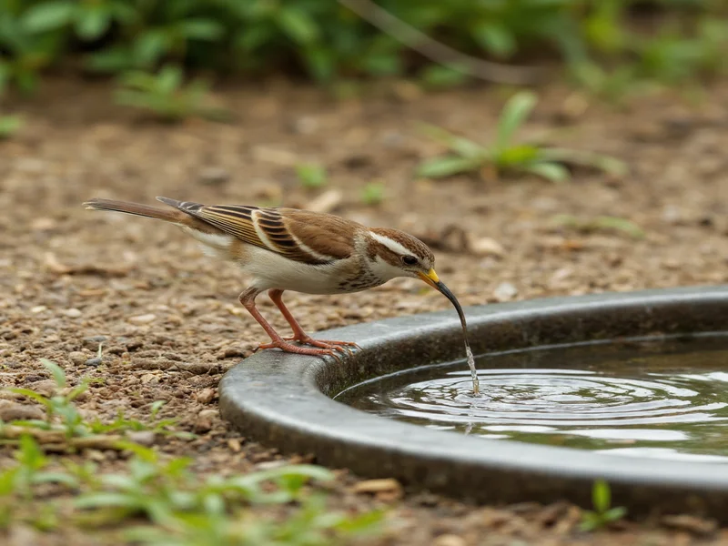 Bird safely drinking from shallow homemade bath