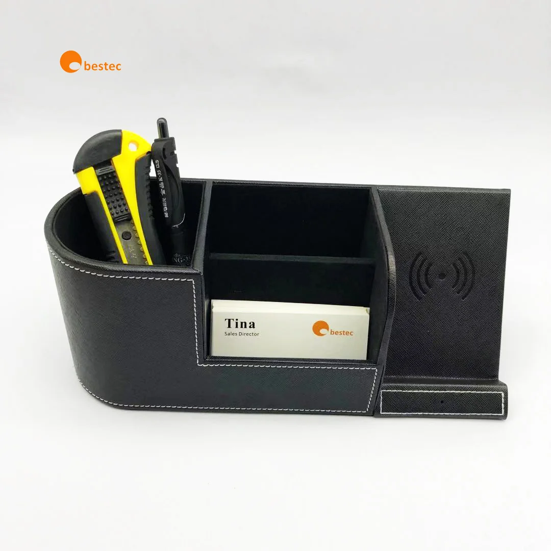 

PU Wireless Charger Desk Organizer 10w Wireless Charging Pad and Pen Holder