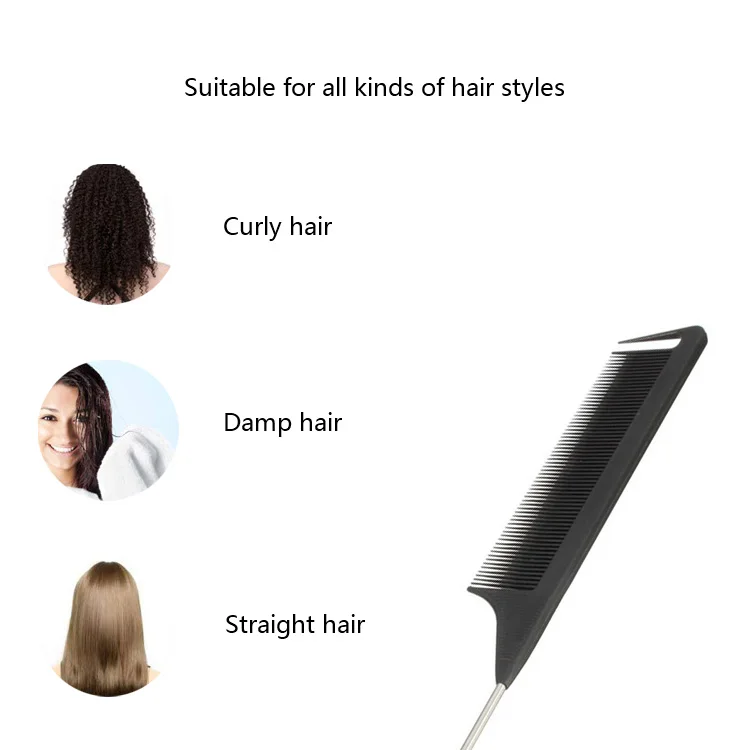 
Private Label Professional Salon Dressing Tool Custom Black Heat Resistant Teasing Comb Pin Tail Stainless Steel Carbon Comb 