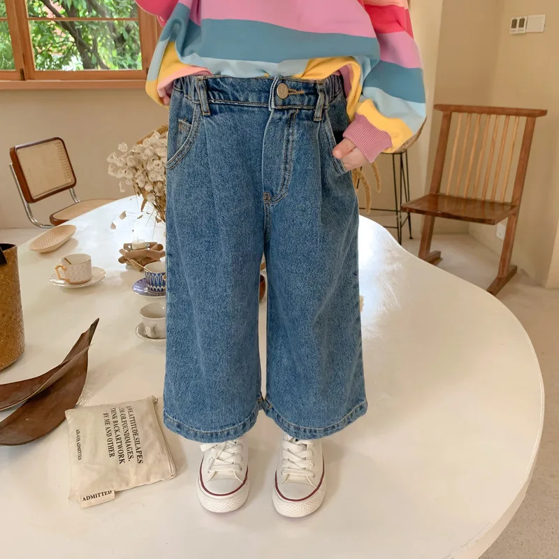 

Girls Jeans Pants Kids Trousers Blue Plain Solid Wide Leg Pants Boutiques Children Clothes Wholesale