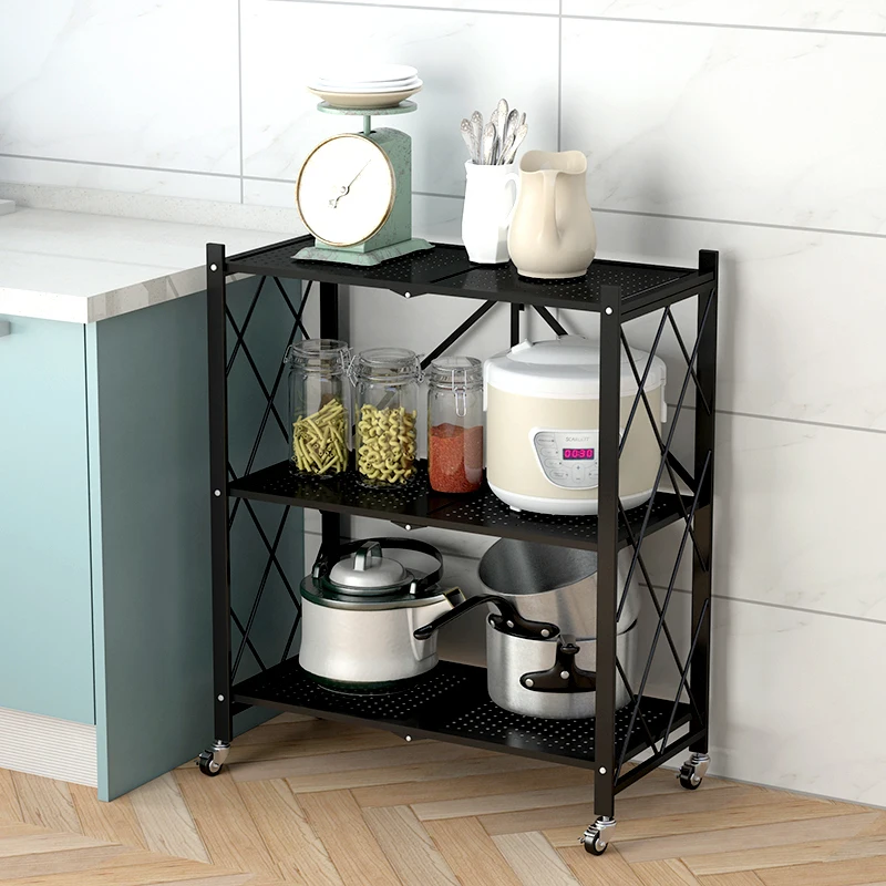
3 tiers foldable stand kitchen shelf rack metal folding storage shelves on casters 