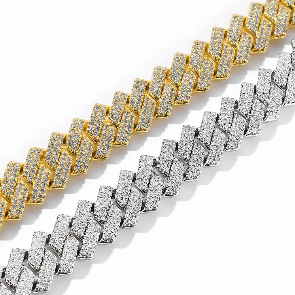 

Best Detail Hip hop jewelry 14mm Cuban Chain CZ diamond copper necklace cuban link chain, White/yellow/rose