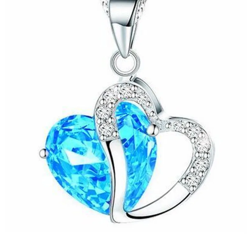 Fashion Women Charm Jewelry Africa Silver Zircon Crystal Rhinestone Blue Heart Shape Multicolor Pendant Necklaces For Women