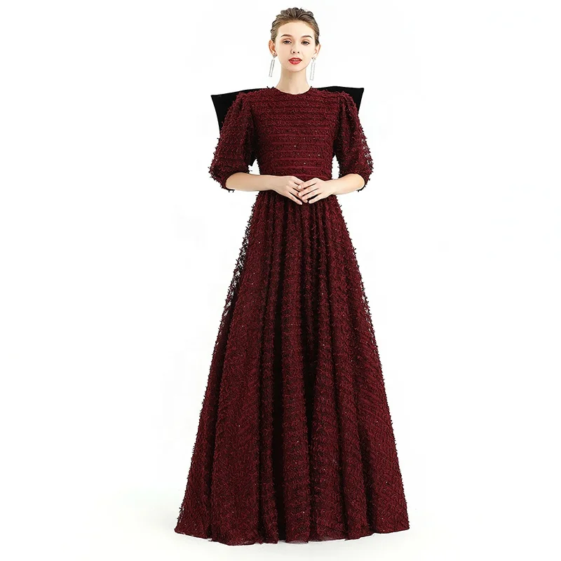 

D119 evening dress red lace palace embroidery bow elegant prom gowns maxi dress girls' dresses