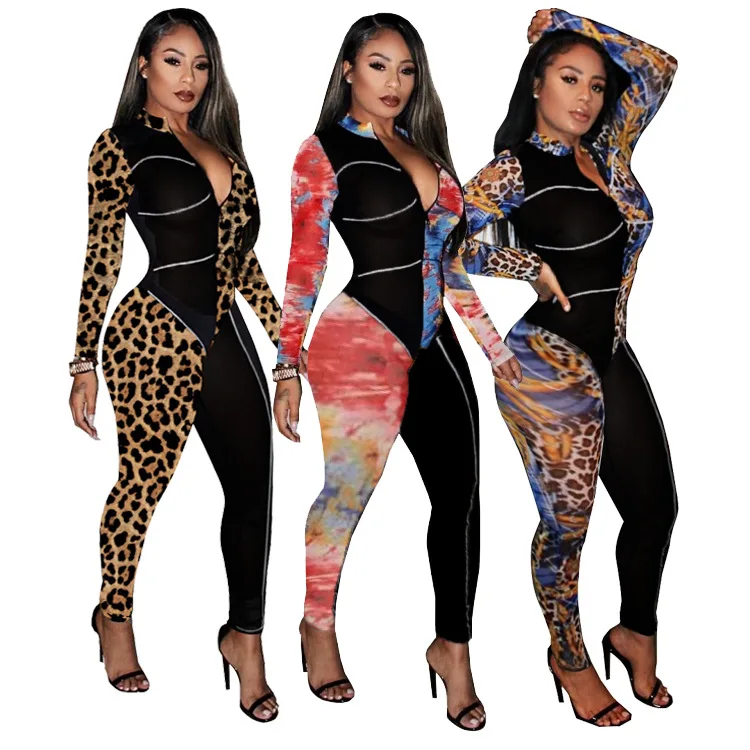 

Autumn print stitching webbing stitching long-sleeved skinny jumpsuit, Picture