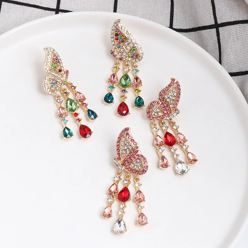

New Fashion Exaggerated Personality Butterfly Crystal Drop Earrings Ladies Creative Stud Earrings Jewelry, Picture shows