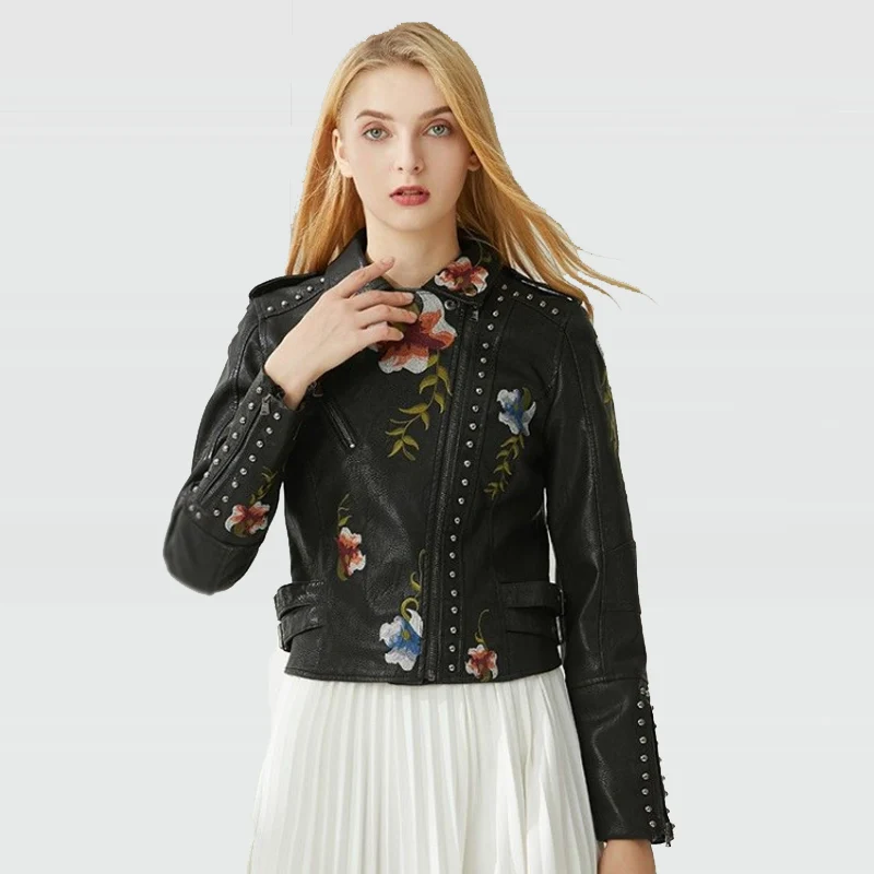 

JANVENY Floral Print Embroidery Women Turn-down Collar Faux Soft Leather Motorcycle Black Short Punk Jacket Outerwear