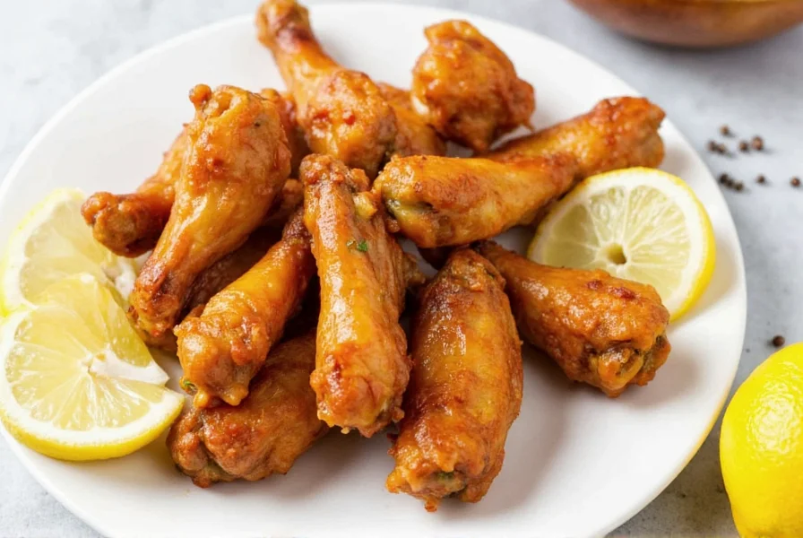 Finished homemade honey lemon pepper wings on a plate with lemon wedges and fresh black pepper