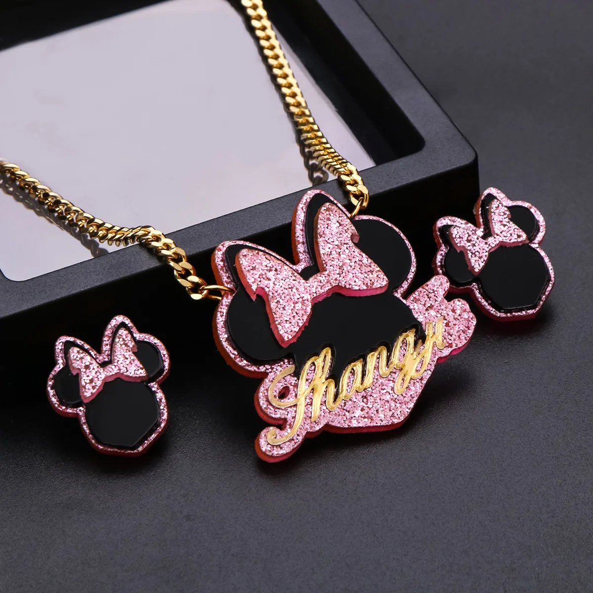 

Baby Kids Customized Cartoon Acrylic Name Necklace Stainless Steel Gold Cute Personalised Jewelry Set, Gold sliver rose gold oem