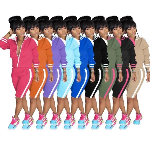 

Women Clothing Coat Two Piece Crop Tops Sports Shorts 2 Piece Sets, 9 colors